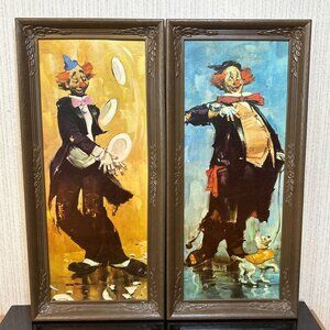 Vintage Rico Tomaso Clown Lithograph Art Prints 60s Framed Paintings Wall Decor